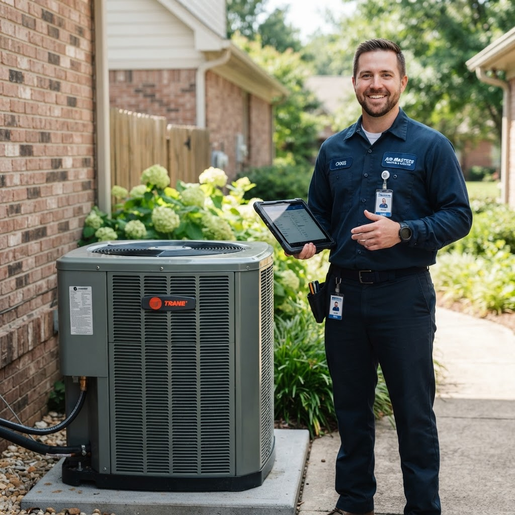 HVAC technician using a tablet next to a residential air conditioning unit